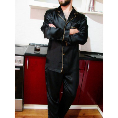 Черная мужская шелковая пижама с брюками  Франция